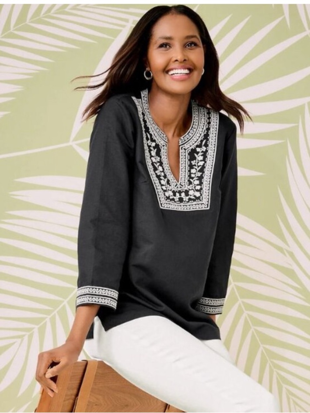 Talbots Embroidered Linen Cotton Black Tunic Top Size Medium New